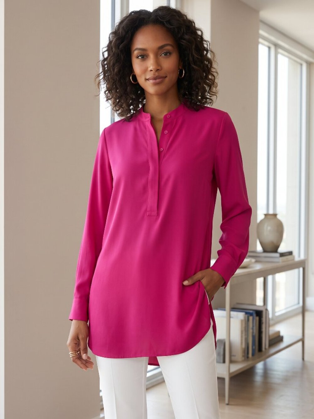Anne Klein Fuchsia Pink Charmeuse Nehru Collar Tunic Blouse M